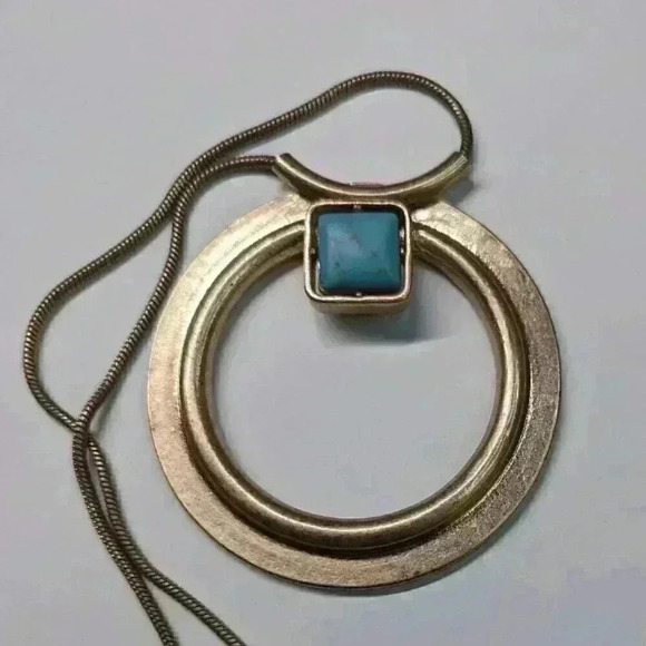 Long Statement Necklace w/ large gold 4" circular pendant turquoise accent - Picture 2 of 3